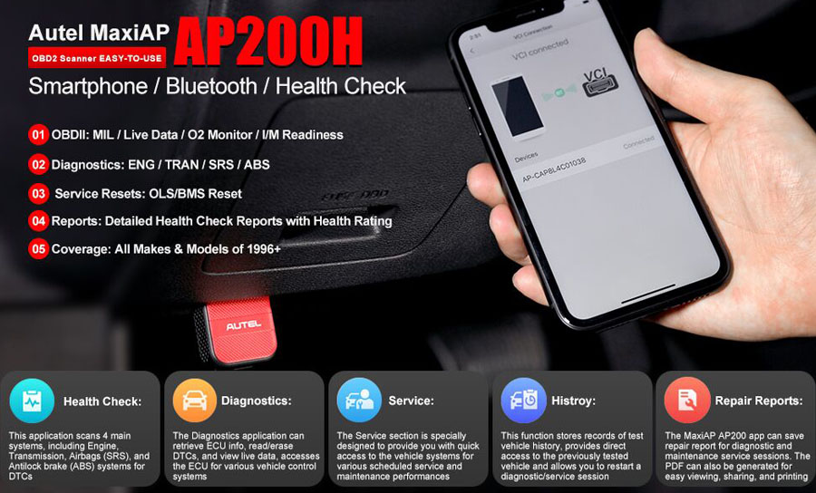 AUTEL MaxiAP AP200H Wireless Bluetooth OBD2 Scanner