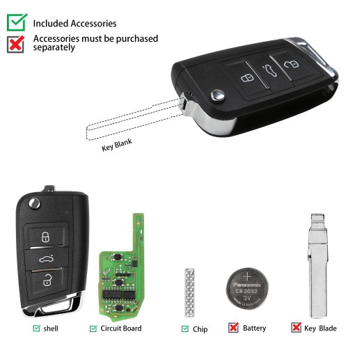 XHORSE XEMQB1EN MQB Style 3 Buttons Super Remote Key with Built-in Super Chip English Version 5pcs/lot